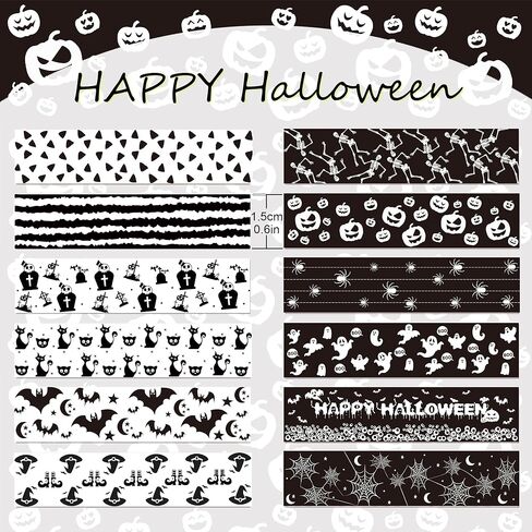 12 Rolls Halloween Washi Tape 12 Design Black White Washi Masking Tape - Pumpkin Ghost Bat Spider Pattern Decorative Paper Adhesive Stickers for Halloween Scrapbook Gift Wrapping DIY Art Crafts,16.4Ft in Saudi Arabia