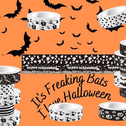 12 Rolls Halloween Washi Tape 12 Design Black White Washi Masking Tape - Pumpkin Ghost Bat Spider Pattern Decorative Paper Adhesive Stickers for Halloween Scrapbook Gift Wrapping DIY Art Crafts,16.4Ft in Saudi Arabia