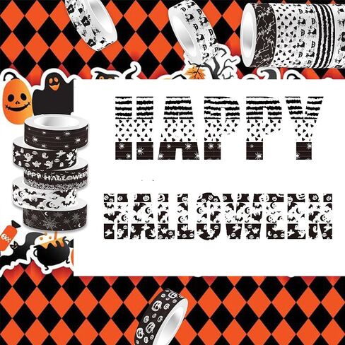 12 Rolls Halloween Washi Tape 12 Design Black White Washi Masking Tape - Pumpkin Ghost Bat Spider Pattern Decorative Paper Adhesive Stickers for Halloween Scrapbook Gift Wrapping DIY Art Crafts,16.4Ft in Saudi Arabia