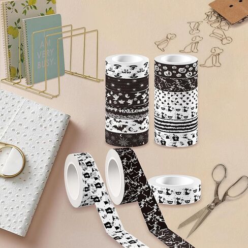 12 Rolls Halloween Washi Tape 12 Design Black White Washi Masking Tape - Pumpkin Ghost Bat Spider Pattern Decorative Paper Adhesive Stickers for Halloween Scrapbook Gift Wrapping DIY Art Crafts,16.4Ft in Saudi Arabia