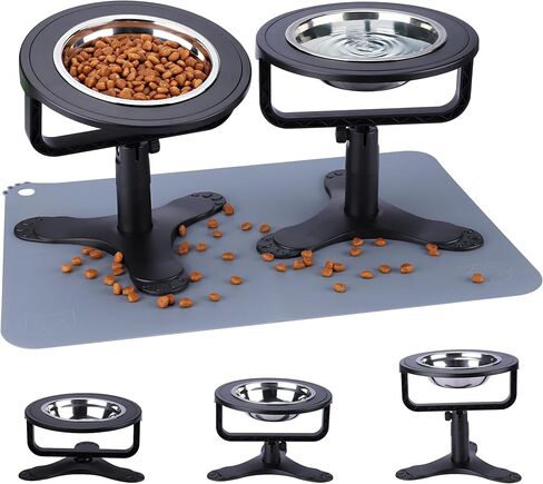 Elevated Cat Bowl with Silicone Food Mat, 3 Height Adjustable, 15° Tilted Cat Bowls Stand with Stainless Steel Bowl for Indoor Cats & Kittens (1Pack)，Black in Kuwait