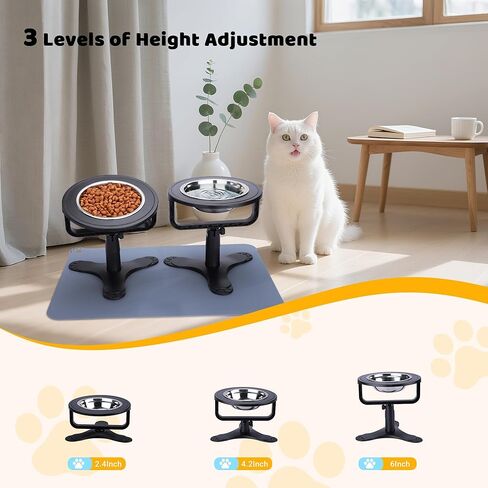 Elevated Cat Bowl with Silicone Food Mat, 3 Height Adjustable, 15° Tilted Cat Bowls Stand with Stainless Steel Bowl for Indoor Cats & Kittens (1Pack)，Black in Kuwait