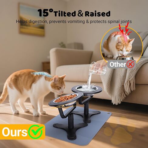 Elevated Cat Bowl with Silicone Food Mat, 3 Height Adjustable, 15° Tilted Cat Bowls Stand with Stainless Steel Bowl for Indoor Cats & Kittens (1Pack)，Black in Kuwait