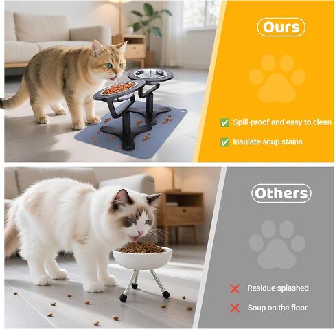 Elevated Cat Bowl with Silicone Food Mat, 3 Height Adjustable, 15° Tilted Cat Bowls Stand with Stainless Steel Bowl for Indoor Cats & Kittens (1Pack)，Black in Kuwait
