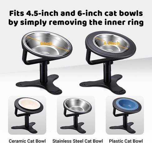 Elevated Cat Bowl with Silicone Food Mat, 3 Height Adjustable, 15° Tilted Cat Bowls Stand with Stainless Steel Bowl for Indoor Cats & Kittens (1Pack)，Black in Kuwait