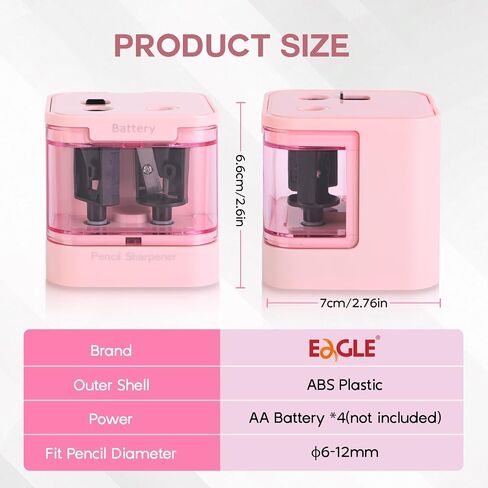 Eagle Electric Pencil Sharpener, Dual Holes, Battery Powered for School/Office/Art, 5s Fast Sharpening, Portable w/Large Shaving Tray & Replaceable Blades, for 6-12 mm Pencils(Pink) in Saudi Arabia