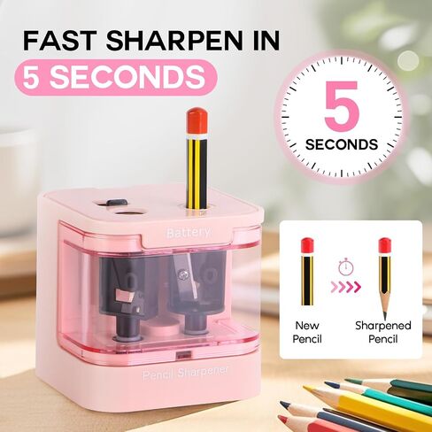 Eagle Electric Pencil Sharpener, Dual Holes, Battery Powered for School/Office/Art, 5s Fast Sharpening, Portable w/Large Shaving Tray & Replaceable Blades, for 6-12 mm Pencils(Pink) in Saudi Arabia