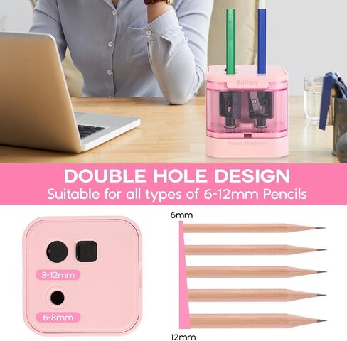 Eagle Electric Pencil Sharpener, Dual Holes, Battery Powered for School/Office/Art, 5s Fast Sharpening, Portable w/Large Shaving Tray & Replaceable Blades, for 6-12 mm Pencils(Pink) in Saudi Arabia