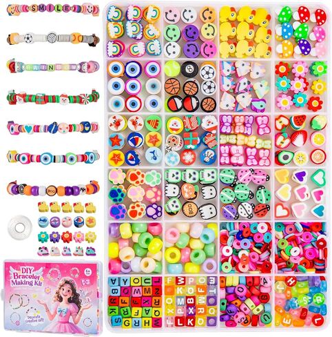 Taybonds Polymer Clay Beads Charms Bracelet Making Kit for Kids Age 6+, 740pcs DIY Jewelry Making with Pony Beads, Letter Beads, Charms & Elastic Cord – Gift for Girls Crafting and Creative Play in Kuwait