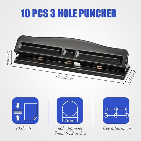 Patelai 10 PCS 3 Hole Punch 3 Ring Hole Puncher for Binder 10 sheet paper paper punch metal desktop puncher for Office Home ، Black in Kuwait
