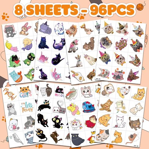 96 PCS CAT CATS PET PET PRE CUT GLOW في الوشم المؤقت المظلم للأطفال | حفل عيد ميلاد لطيف للغاية تحت عنوان ، واللوازم ، والزخارف ، ومخلب الحيوانات المزيفة الوشم هدايا للفتيان الفتيات in Kuwait