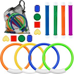 Pool Toys for Kids Ages 3-12, 16 PCS Summer Underwater Swimming Training Set with Diving Rings, Sticks, Gems & Storage Bag for Water Games & Gifts