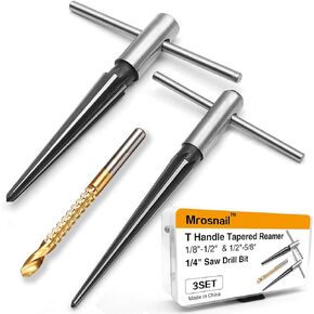 Tapered Reamer Set with T Handle, 3-13mm (1/8''-1/2'') & 5-16mm (3/16"-5/8") 6 Fluted, Carbon Steel Hex Shank for Guitar Woodworking - 2pcs