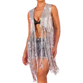 Edary Women's Sequin Fringe Sleeveless Vest Sparkly Tassel Open Front Waistcoat Jackets Glitter Party New Years Vests Coat