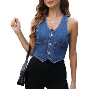 Ladyful Womens Crop Denim Vest Sleevelesss V Neck Jean Waistcoat Vest
