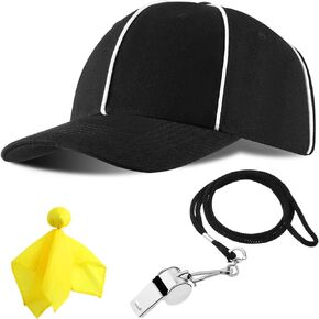 Adjustable Black with White Stripes Soccer Cap, Official Referee Hat and Stainless Steel Whistle with Lanyard for Football Refs, Umpires, Linesman