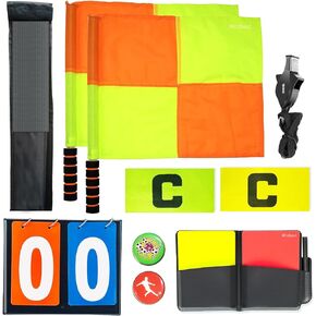 Soccer Referee Flags Kit, Referee Accessories Set,8 PCS Referee Toolkit including Linesman Flags, Captain Armband, Referee Whistle,Toss Coin and Yellow Cards with Notebook - 8 in 1