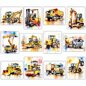 Construction Room Decor for Boys - Dump Truck Tractor Wall Art, Construction Nursery Decor, Tractor Pictures Car Vehicle Prints Transportation Posters for Teen Guys Men Cave - 8x10 UNFRAMED Photos