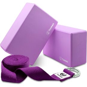 Tumaz Yoga Blocks 2 Pack with Strap Set, High Density/Lightweight EVA Foam Yoga Blocks or Non-Slip Solid Natural Cork Yoga Blocks & Premium 8F Yoga Strap Set for Yogi [Instruction E-Book Included]