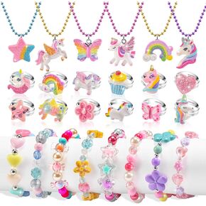 Little Girls Jewelry ages 4-6, Kids Unicorn Jewelry Set, Play Rings Necklaces Bracelets for Toddler Girl 3-5 5-7, Costume Dress Up Jewelry 6-8, Princess Party Birthday Gifts for 3 4 5 6 7 8