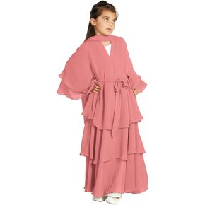 Kids Abayas Dress for Girls Muslim Dress with Hijab Chiffon Layered Islam Kaftan Robe Open Front Cardigan Prayer Dress