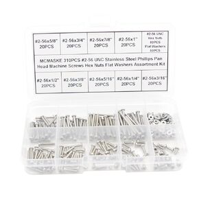 310PCS #2-56 UNC Stainless Steel Phillips Pan Head Machine Screws Hex Nuts Flat Washers Assortment Kit
