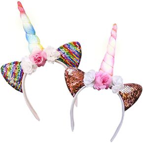 ArtCreativity Light Up Unicorn Flower Headbands for Girls, Set of 2, Birthday Girl Headband with Flashing Horn, Unicorn Party Supplies and Decorations, Unicorn Party Favors, Cute Costume Accessories