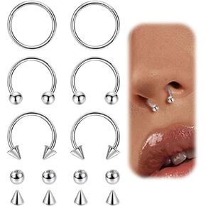 6PCS 14G 16G 18G 20G Surgical Steel Septum Nose Rings Cartilage Helix Tragus Earring Hoops for Men Women Hinged Clicker Nose Hoops Daith Conch Horseshoe Earrings Lip Rings Smily Piercing 6-12mm