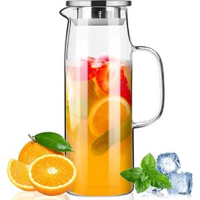 PARACITY Glass Pitcher with Lid and Spout 50oz/ 1.5L, Hot/Cold Water Pitcher, Iced Tea Pitcher for the Shelf of Fridge, Easy to Clean, High Borosilicate Glass Pitcher for Lemonde, Juice and Milk