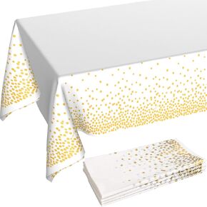 108"x54" 4 Packs Pink and Gold Disposable Party Tablecloth for Rectangle Table, Gold Stamping Dot Confetti Rectangular Plastic Table Cover, for Bachelorette, Girl Birthday and Baby Shower, Wedding