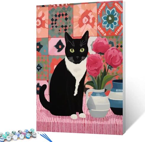 Black Cat Sit on Toilet Oil Painting Paint by Number Kits 16 x 20 inch Canvas Abstract Botanical Pink Green DIY Painting for Kids Students Adults Beginner with Brushes Acrylic Pigment(without Frame) in Saudi Arabia
