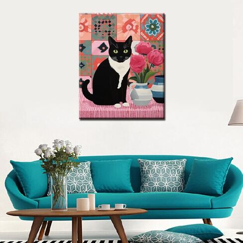 Black Cat Sit on Toilet Oil Painting Paint by Number Kits 16 x 20 inch Canvas Abstract Botanical Pink Green DIY Painting for Kids Students Adults Beginner with Brushes Acrylic Pigment(without Frame) in Saudi Arabia