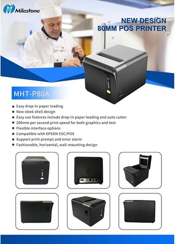 طابعة إيصالات حرارية 80 مم USB POS لطابعة مطبخ المطاعم الصغيرة مع قاطع تلقائي يدعم درج النقود، واجهة إيثرنت تسلسلية USB لنظام التشغيل Windows/Mac/Linux in Kuwait