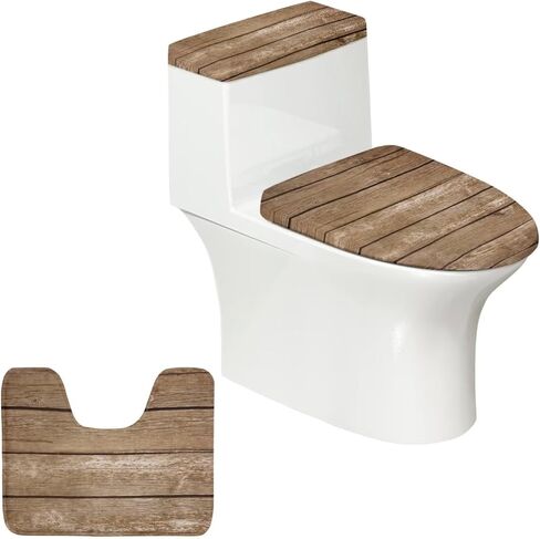 Wood Print Toilet Cover Set with Bathroom Rug U-Shaped Toilet Seat Cover Set Non Slip Bath Mat Fit Under Door Bathroom Floor Mats Carpet Replacement 3 Pcs/Set in Saudi Arabia