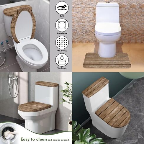 Wood Print Toilet Cover Set with Bathroom Rug U-Shaped Toilet Seat Cover Set Non Slip Bath Mat Fit Under Door Bathroom Floor Mats Carpet Replacement 3 Pcs/Set in Saudi Arabia