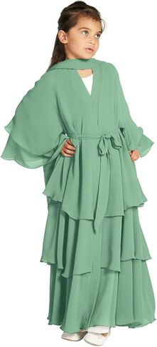 Kids Abayas Dress for Girls Muslim Dress with Hijab Chiffon Layered Islam Kaftan Robe Open Front Cardigan Prayer Dress in Saudi Arabia