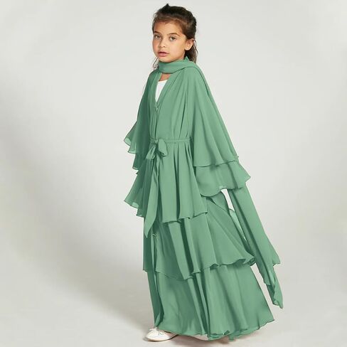 Kids Abayas Dress for Girls Muslim Dress with Hijab Chiffon Layered Islam Kaftan Robe Open Front Cardigan Prayer Dress in Saudi Arabia