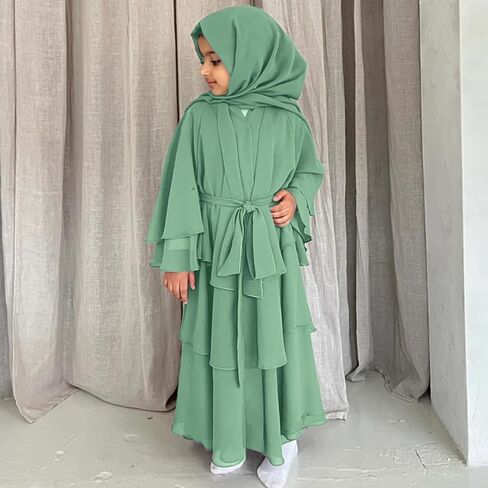 Kids Abayas Dress for Girls Muslim Dress with Hijab Chiffon Layered Islam Kaftan Robe Open Front Cardigan Prayer Dress in Saudi Arabia