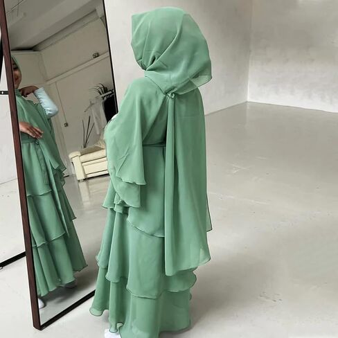 Kids Abayas Dress for Girls Muslim Dress with Hijab Chiffon Layered Islam Kaftan Robe Open Front Cardigan Prayer Dress in Saudi Arabia