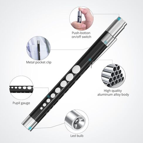 أضواء القلم CAVN للممرضات، 3 عبوات من المصابيح الطبية القابلة لإعادة الاستخدام مع مقياس الحدقة لطلاب التمريض، ضوء أبيض، أسود/أبيض/ذهبي وردي in Kuwait