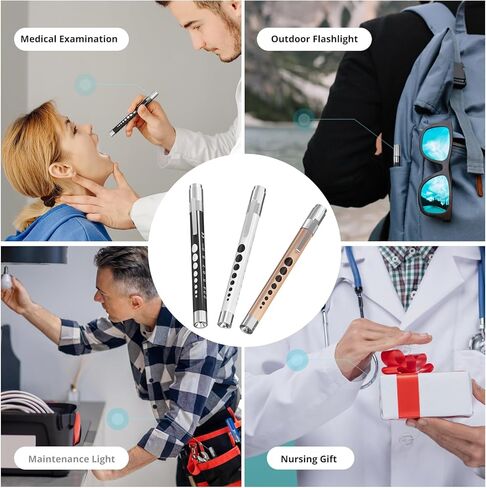 أضواء القلم CAVN للممرضات، 3 عبوات من المصابيح الطبية القابلة لإعادة الاستخدام مع مقياس الحدقة لطلاب التمريض، ضوء أبيض، أسود/أبيض/ذهبي وردي in Kuwait