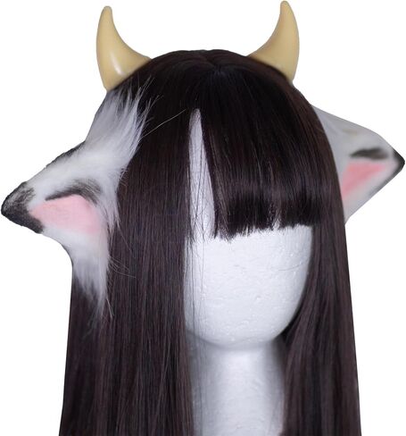 MOEFLAVOR Anime Plush Cow Ears Fur Headband with Devil Horns | Matches Any Kawaii Lingerie Costume for Sexy Cosplay in Saudi Arabia