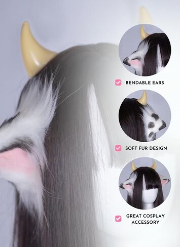 MOEFLAVOR Anime Plush Cow Ears Fur Headband with Devil Horns | Matches Any Kawaii Lingerie Costume for Sexy Cosplay in Saudi Arabia