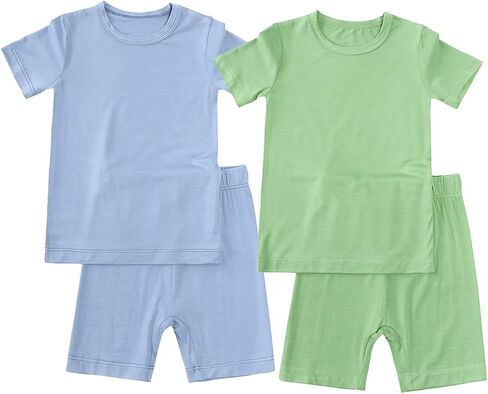 JunNeng Bamboo Viscose Toddler Pajamas Baby 4 Piece Summer Pjs, 12M-7Y | Cool Breathable, Short Sleeve, Snug Fit, Classic Solid Pajamas Sets for Boys Girls Kid in Saudi Arabia