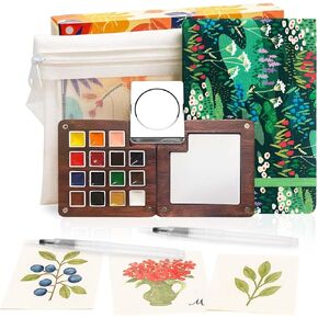 مجموعة الطلاء المائية المصغرة - 15 مجموعة ألوان مائية ، لوحة ألوان مائية الجيب مجموعة مع كتاب بالألوان المائية ، مقاطع الموسع ، الأقلام ، كيس التخزين ، صندوق طلاء خشبي للفنانين الرسميين الطالب in Kuwait