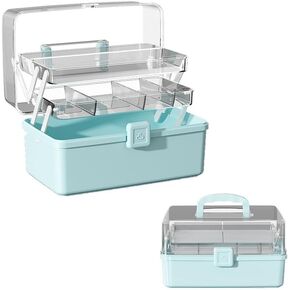 12.9in Three-Layer Multipurpose Storage Box with Handle Portable Tackle Box Folding Art & Craft Case Sewing Supplies Organizer for Makeup, Medicine, Nail, Hair Accessories (Haze Green) in Saudi Arabia