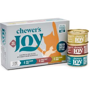 Chewer's Joy Wet Cat Food Food Pack - 3 نكهات: سمك التونة والسلمون ، الدجاج والديك الرومي - Pâté الطبيعي - البروتين العالي - خالية من الحبوب - التغذية الكاملة والمتوازنة - 12 علب (3 أوقية) in Kuwait