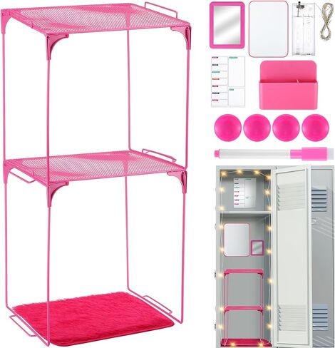 TaoBary 13 Pcs Pink Locker Organizer Kit Locker Accessories Includes Shelf Whiteboard Magnetic Mirror Storage Cup Dry Erase Rug Marker Light for Girls in Middle Back to School Decor in Saudi Arabia