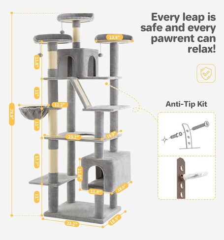 Made4pets Tall Cat Tree ، 80 "Tree Tower للقطط الداخلية البالغة البالغة ، برج القط الحديث مع الخدش بوست ، أرجوحة مريحة ، 3 جثم وشقق شقة قوية ورقيقة ، رمادية داكنة in Kuwait