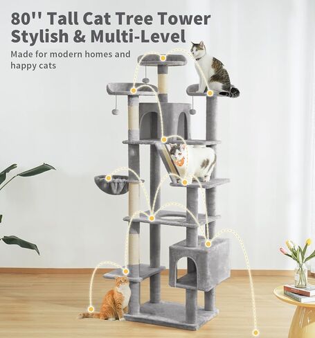 Made4pets Tall Cat Tree ، 80 "Tree Tower للقطط الداخلية البالغة البالغة ، برج القط الحديث مع الخدش بوست ، أرجوحة مريحة ، 3 جثم وشقق شقة قوية ورقيقة ، رمادية داكنة in Kuwait